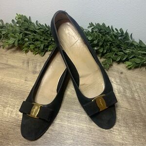 Salvatore Ferragamo Black Suede Flats Classic Design Ladies Size 8.5 A